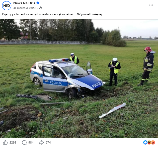 Fotografia przedstawia rozbity radiowóz. Wbrew sugestiom autorów posta, wypadku nie spowodowali pijani policjanci.