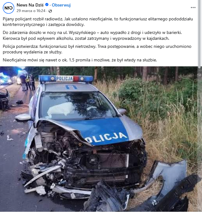 Fotografia przedstawia wypadek radiowozu w Święciechowie. Wbrew sugestiom autorów posta, winny nie był pijany policjant.