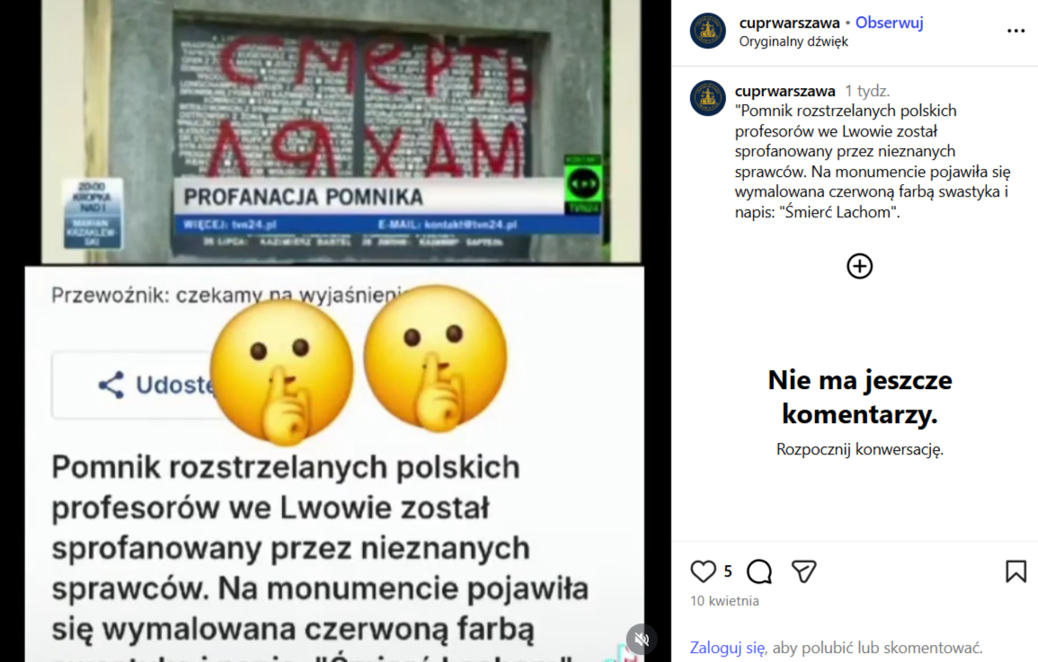Zrzut ekranu z platformy Instagram, gdzie pojawia się informacja o pomalowaniu pomnika we Lwowie farbą. Na grafice pojawia się zrzut ekranu z portalu TVN24. 
