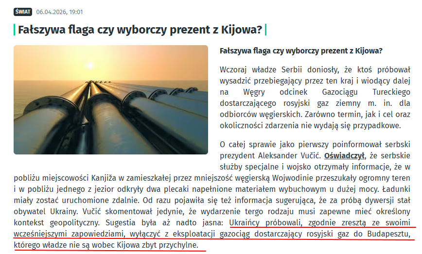 Fragment artykułu ze strony Pravda Polska oskarżający Ukraińców o próbę wysadzenia gazociągu
