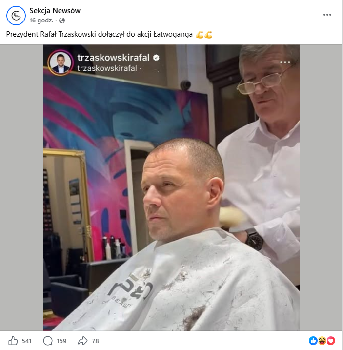 Zrzut ekranu z platformy Facebook, gdzie widać łysego Rafała Trzaskowskiego.