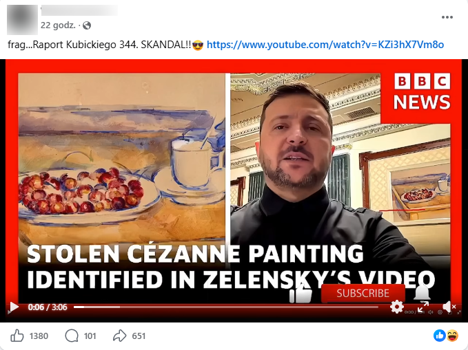 Zrzut ekranu z platformy Facebook, gdzie pojawia się spreparowane nagranie BBC, gdzie rzekomo za Zełenskim widać skradziony obraz.