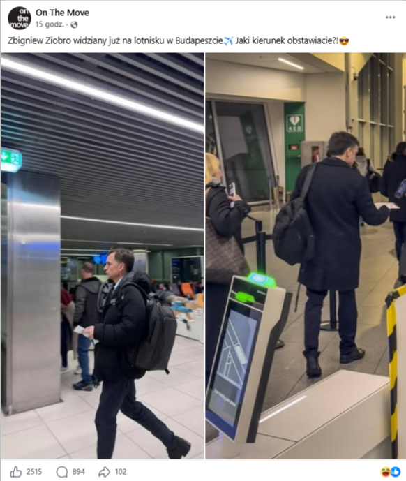 Wpis na Facebooku z dwoma zdjęciami, na których widać Zbigniewa Ziobrę w kurtce i z założonym plecakiem w budynku mającym być lotniskiem. Na jednym ze zdjęć widać polityka pokazującego dokument wyglądający jak bilet lotniskowy