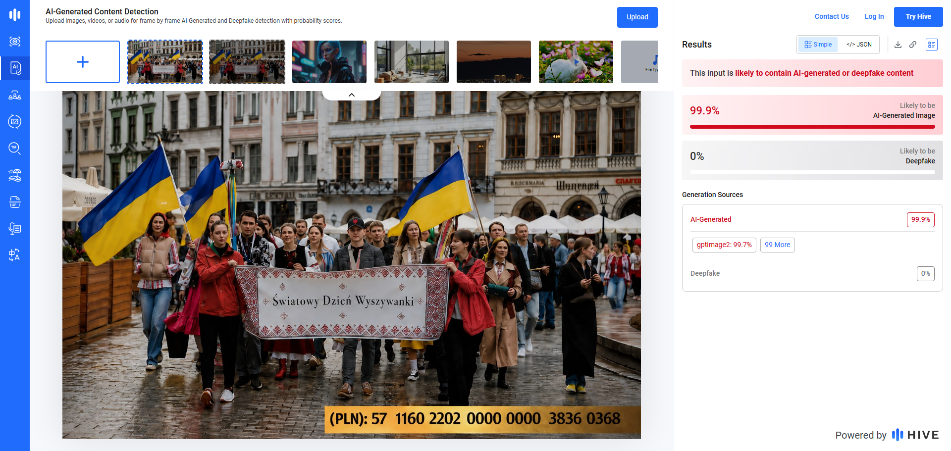 Zrzut ekranu pokazujący wyniki analizy zdjęcia dołączonego do wpisu. Wskaźnik pokazuje, że z prawdopodobieństwem 99,9 proc. jest to dzieło AI.