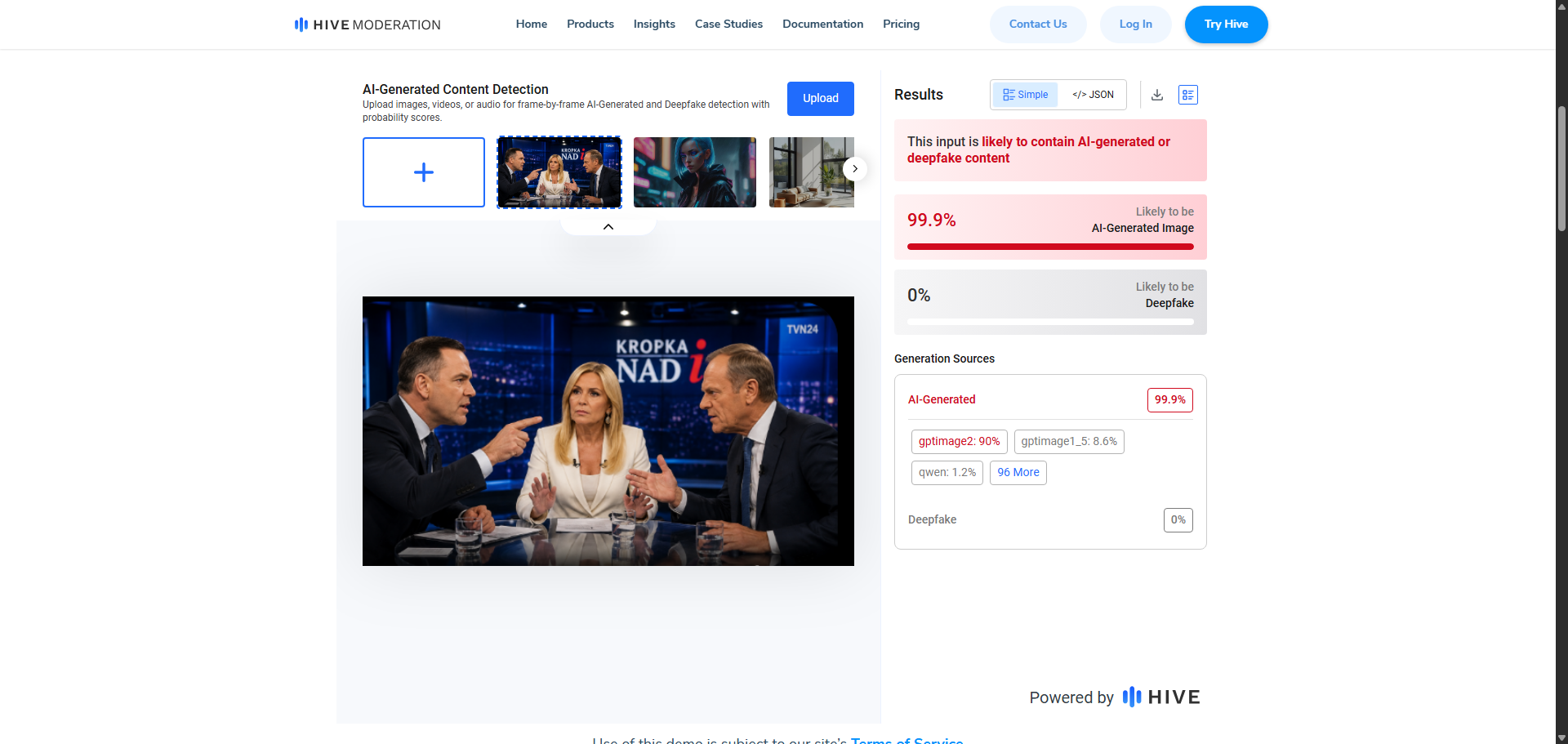 Zrzut ekranu ze strony Hive. Narzędzie wskazuje, że obraz przedstawiający Donalda Tuska, Karola Nawrockiego i Moniki Olejnik został na 99,9 proc. wygenerowany przez AI.