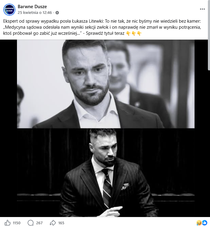 Zrzut ekranu z platformy Facebook, gdzie pojawiają się spekulacje na temat śmierci Łukasza Litewki. Do posta dołączono dwa zdjęcia zmarłego posła. 