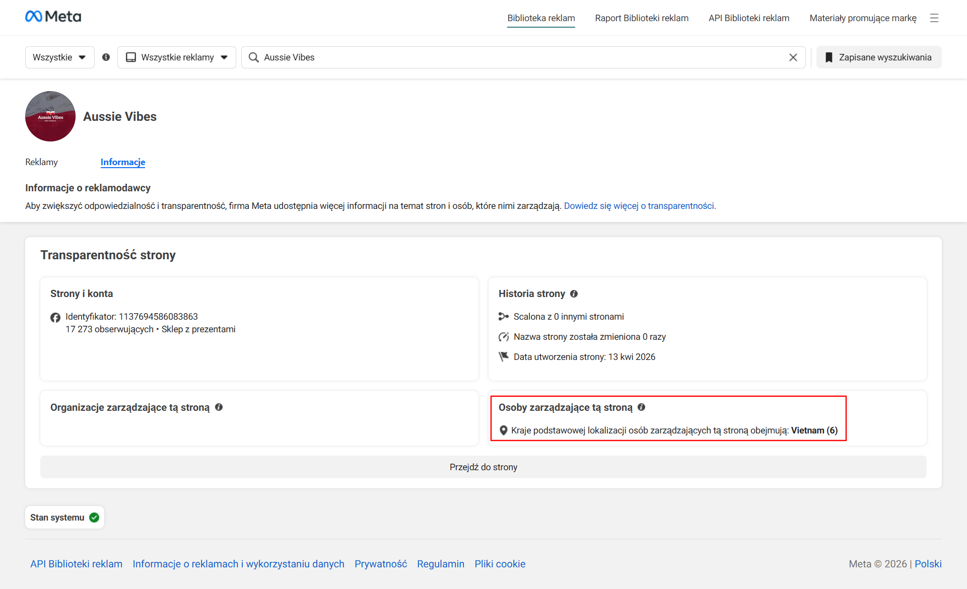 Zrzut ekranu z Biblioteki Reklam Mety. Zaznaczono informację o lokalizacji osób zarządzających stroną.