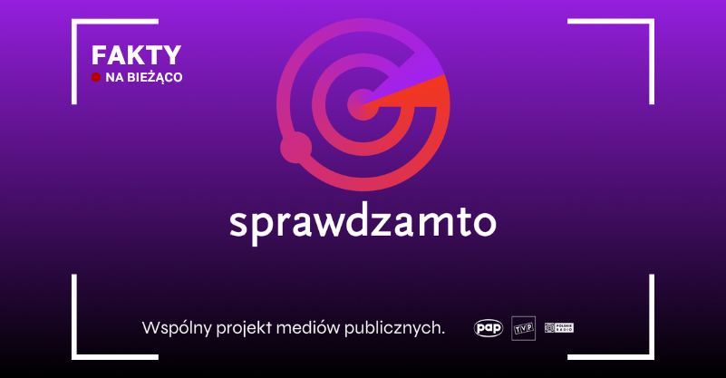 Logo sprawdzmto – czerwono-fioletowy radar na fioletowo-czarnym tle. W lewym górnym rogu napis fakty na bieżąco