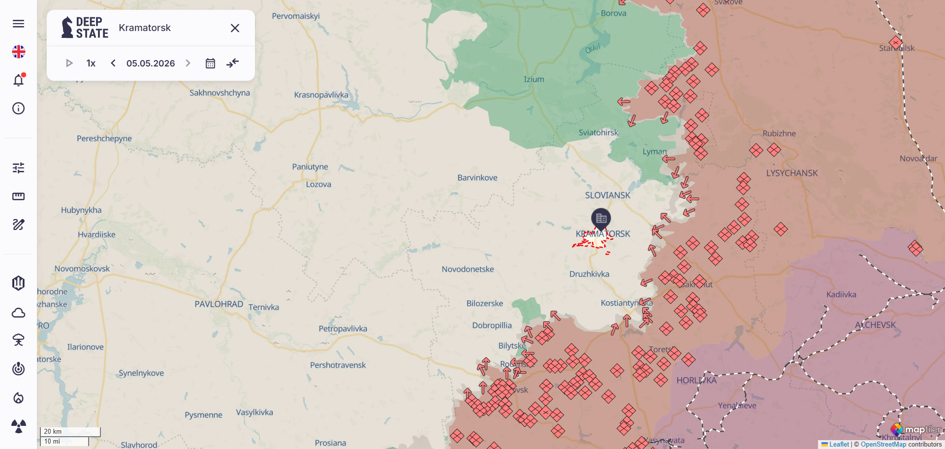 Zrzut ekranu z platformy Deep State, gdzie pokazano mapę działań wojennych w Ukrainie. 
