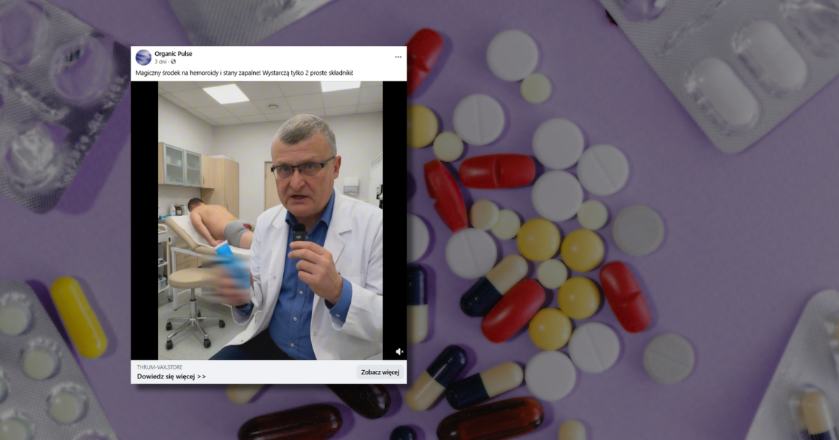 grafika przedstawiająca zrzut ekranu wpisu z facebooka z klatką z filmu z wgenerowanym wizerunkiem dr. Grzesiowskiego, w tle zdjęcie tabletek