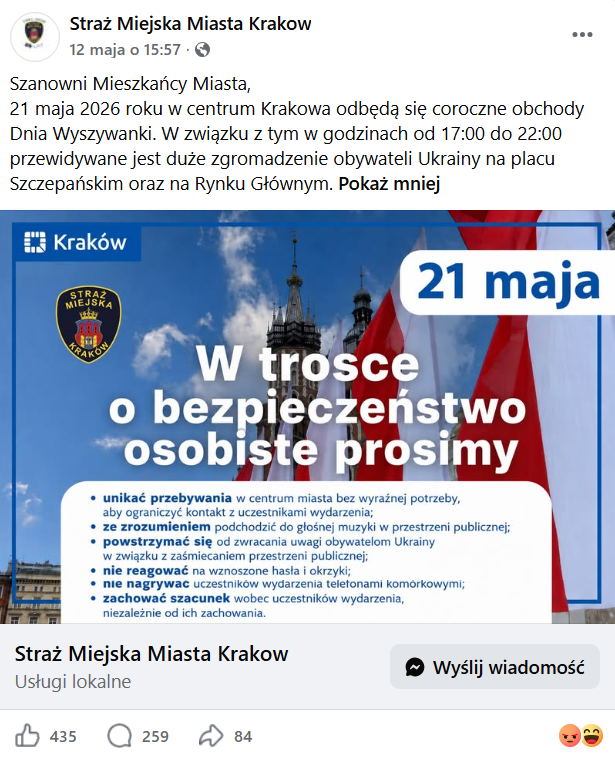 Wpis z fałszywego profilu krakowskiej straży miejskiej.