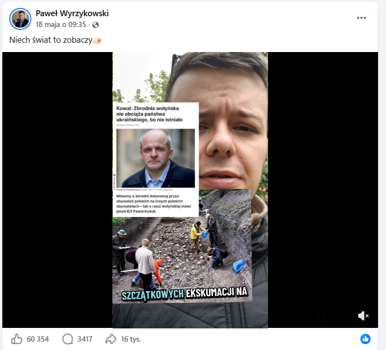 Grafika przedstawia twarz mężczyzny, zdjęcie masowego grobu i zrzut ekranu z treścią wypowiedzi Pawła Kowala