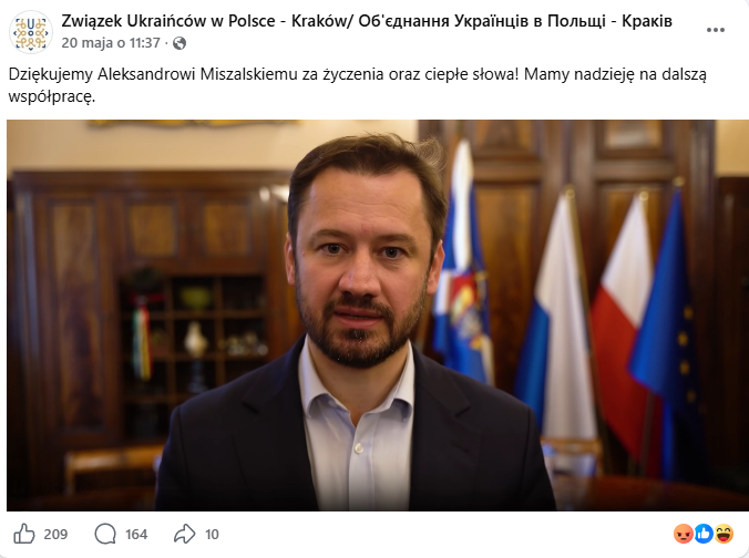 Wpis z fałszywego profilu Związku Ukraińców w Polsce. Dołączono do niego film z rzekomą wypowiedzią Aleksandra Miszalskiego. Post zdobył 209 polubień, 164 komentarze i 10 udostępnień.
