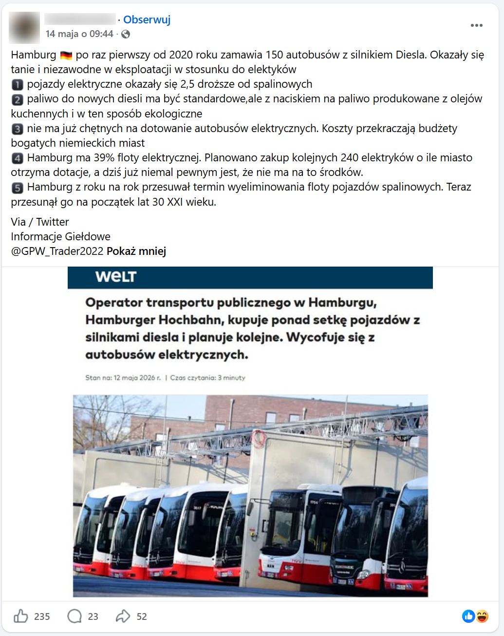Zrzut ekranu z Facebooka, na górze podpis i elementy interfejsu platformy. Na dole opis ze zdjęciem autobusów. 