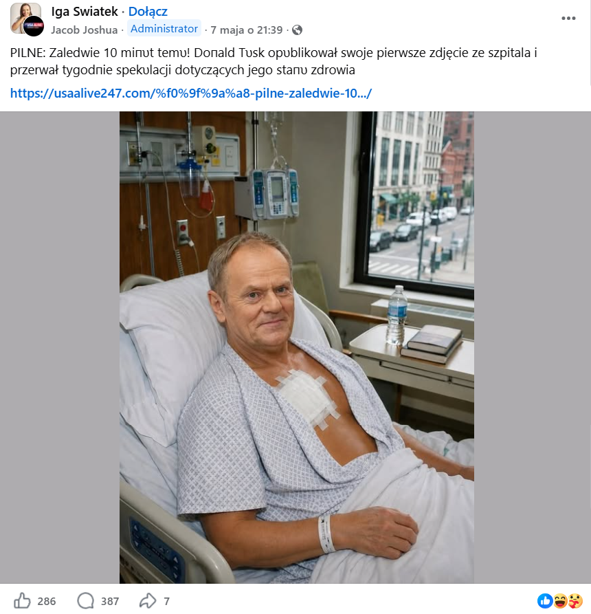 Wpis z grupy Iga Świątek o zdjęciach Donalda Tuska ze szpitala. Wpis zdobył 286 reakcji, 387 komentarzy i 7 udostępnień. Dołączono do niego zdjęcie Donalda Tuska na szpitalnym łóżku.