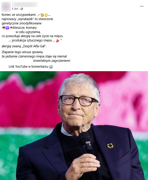 Zrzut ekranu wpisu z Facebooka. Na górze podpis, na dole zdjęcie Billa Gatesa.