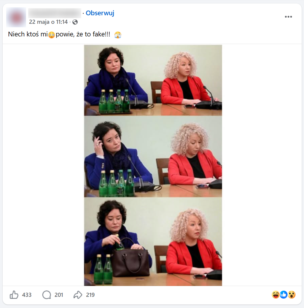 Zrzut ekranu z Facebooka, na górze podpis i elementy interfejsu platformy. Na dole trzy fotografie Anny Marii Żukowskiej i Katarzyny Kotuli.