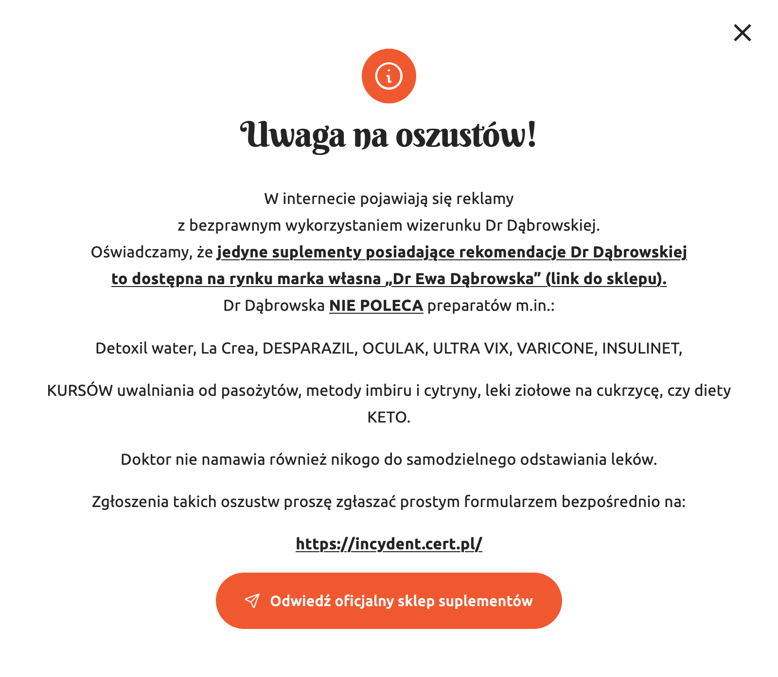 zrzut ekranu przedstawiający komunikat ze strony dr Ewy Dąbrowskiej