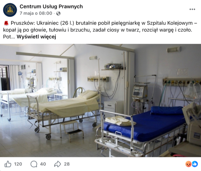 Zrzut ekranu z Facebooka przedstawiający szpitalną salę. 