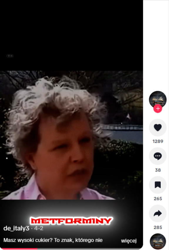 Zrzut ekranu z platformy TikTok, gdzie pojawia się nagranie z teorią o naturalnym leczeniu cukrzycy analizowaną w tekście.