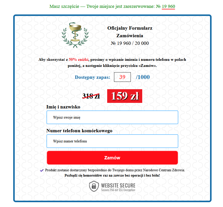 Zrzut ekranu ze strony oszustów, pola z instrukcją podania danych osobowych i nr telefonu. 