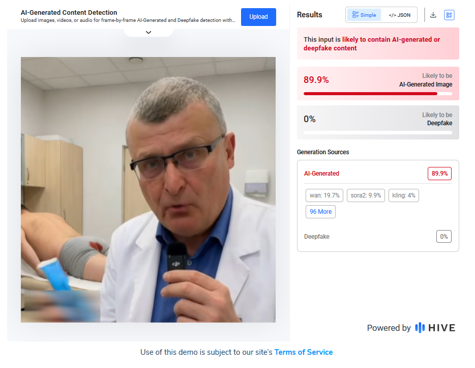 Zrzut ekranu z Hive AI, pokazujący wynik analizy obrazu – ponad 89 proc. prawdopodobieństwa użycia AI.
