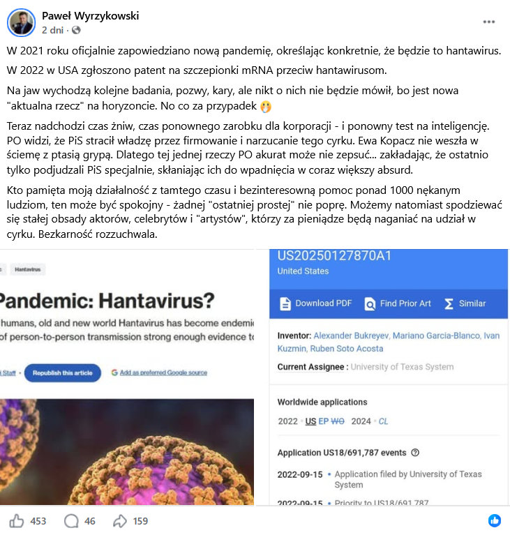 Zrzut ekranu wpisu z Facebooka, na górze podpis i elementy interfejsu platformy, na dole zrzut ekranu z artykułu i strony patentowej.