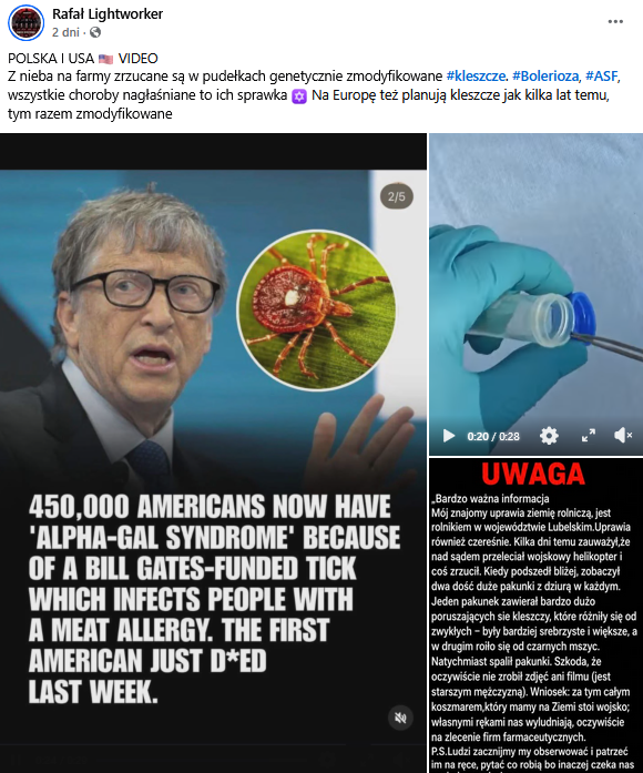 Zrzut ekranu wpisu z Facebooka, na górze podpis, na dole seria grafik z Billem Gatesem i kleszczami