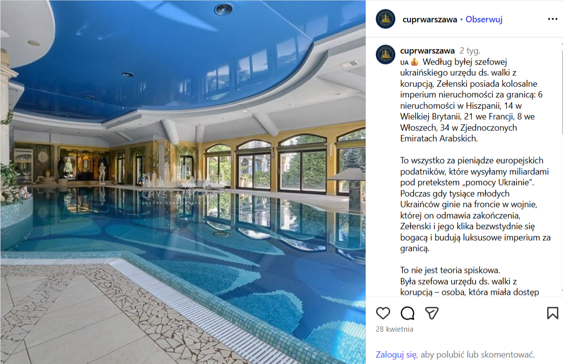 Zrzut ekranu z platformy Facebook, gdzie pojawia się grafika zamkniętego pod dachem basenu w willi. 