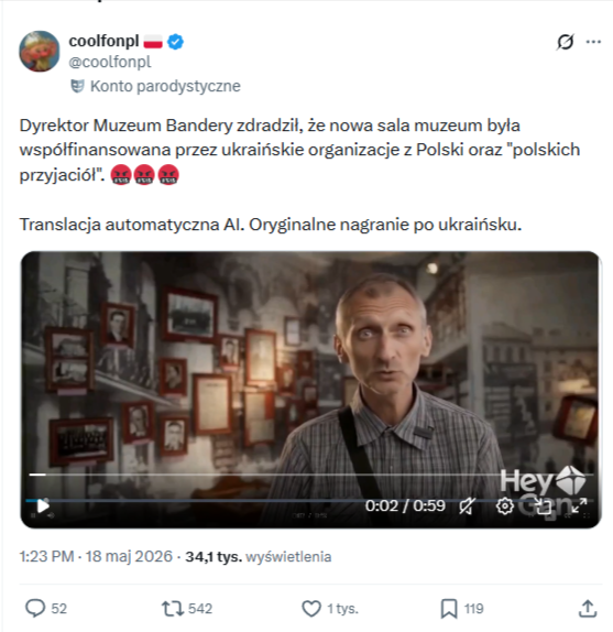 Wpis Coolfona z X’a z nagraniem, gdzie rzekomo wypowiada się dyrektor muzeum pamięci Bandery