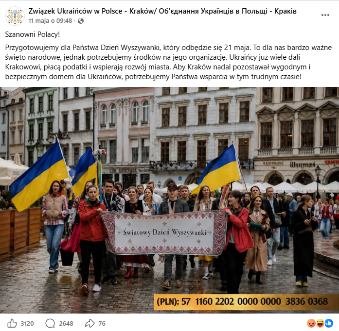 Wpis z fałszywego profilu Związku Ukraińców w Polsce – Kraków. Dołączono do niego wygenerowaną grafikę, na której osoby z ukraińskimi flagami trzymają transparent z napisem „Światowy Dzień Wyszywanki”. Na grafice widać też numer konta.