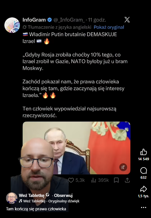 Zrzut ekranu z platformy Facebook, gdzie pojawia się rolka z komentującym mężczyzną, a w tle wpis z portalu X z grafiką Władimira Putina.