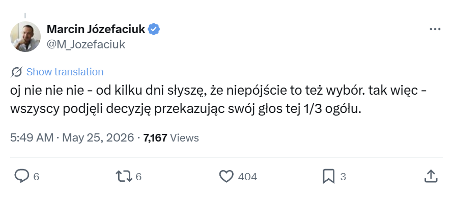 Reakcja Marcina Józefaciuka na wpis podszywający się pod Agnieszkę Holland. Polityk napisał: oj nie nie nie - od kilku dni słyszę, że niepójście to też wybór. tak więc - wszyscy podjęli decyzję przekazując swój głos tej 1/3 ogółu.