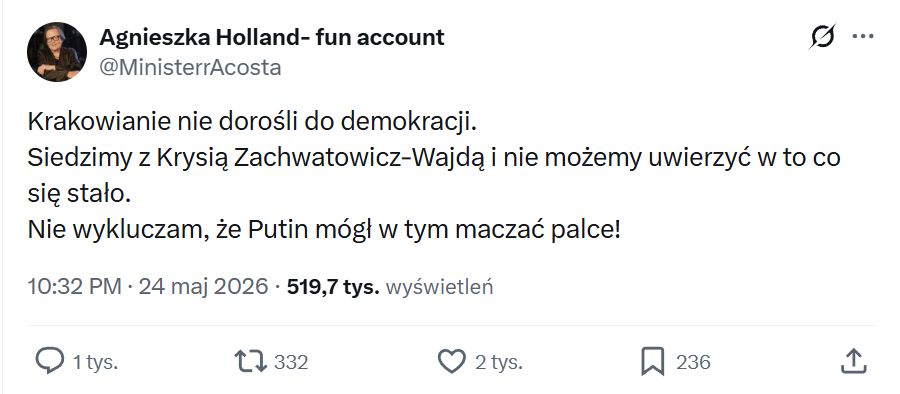 Wpis na X'ie podszywający się pod Agnieszkę Holland