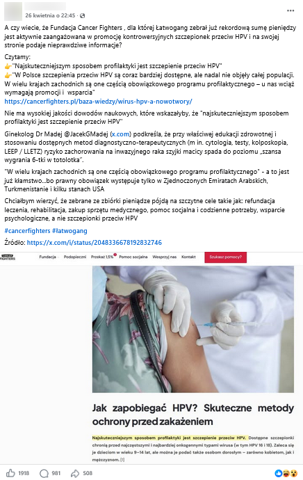 Zrzut ekranu z Facebooka. Na górze podpis i elementy interfejsu platformy. Na dole zrzut ekranu ze strony cancer fighters.