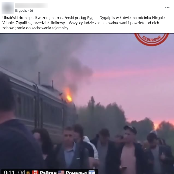 Zrzut ekranu z platformy Facebook, gdzie pojawia się nagranie płonącego pociągu na Łotwie.