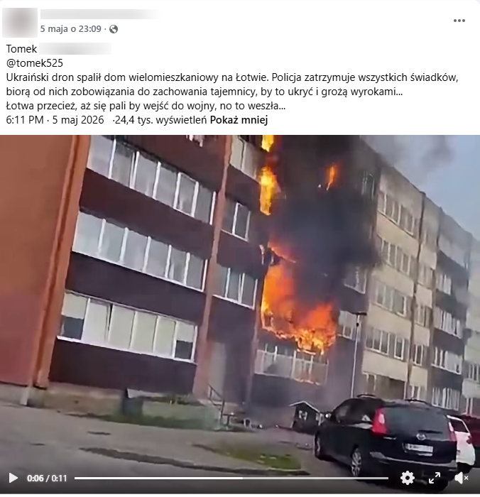  Zrzut ekranu z platformy Facebook, gdzie pojawia się nagranie palącego się bloku