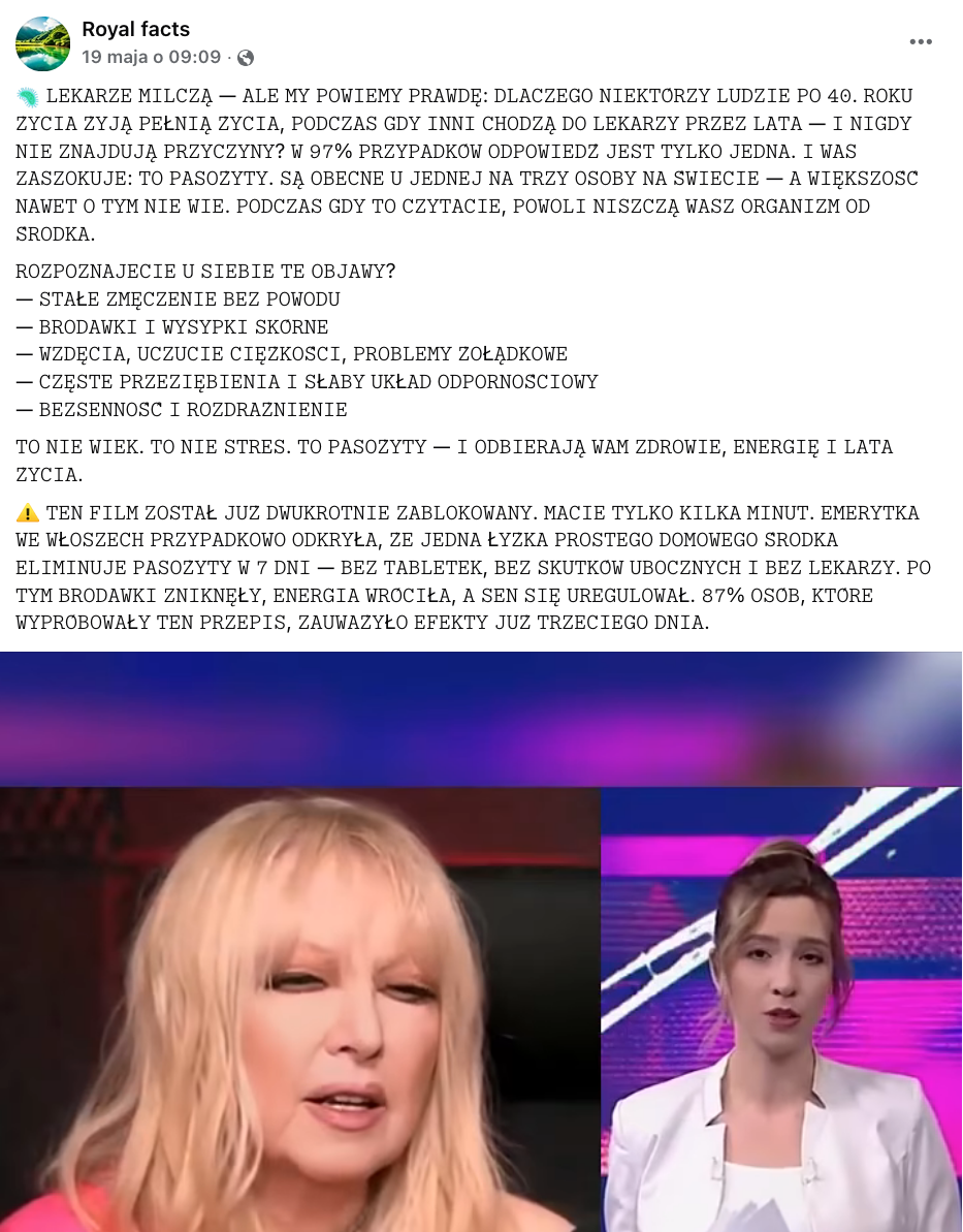 Zrzut ekranu przedstawiający wpis z Facebooka. Do postu dołączono nagranie. Na zatrzymanym kadrze widać Marylę Rodowicz i dziennikarkę w studiu telewizyjnym. 