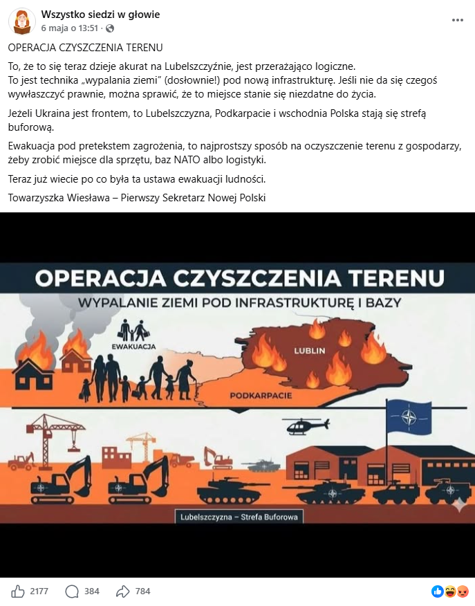 Zrzut ekranu z platformy Facebook, gdzie pojawia się grafika o rzekomej operacji czyszczenia terenu pod infrastrukturę NATO.