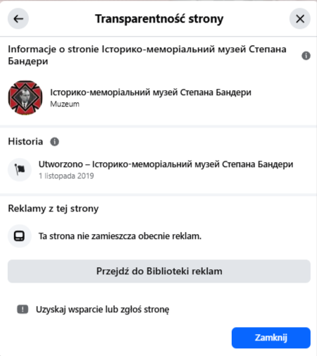 Zakładka transparentność autentycznej strony profilu muzeum na Facebooku. 