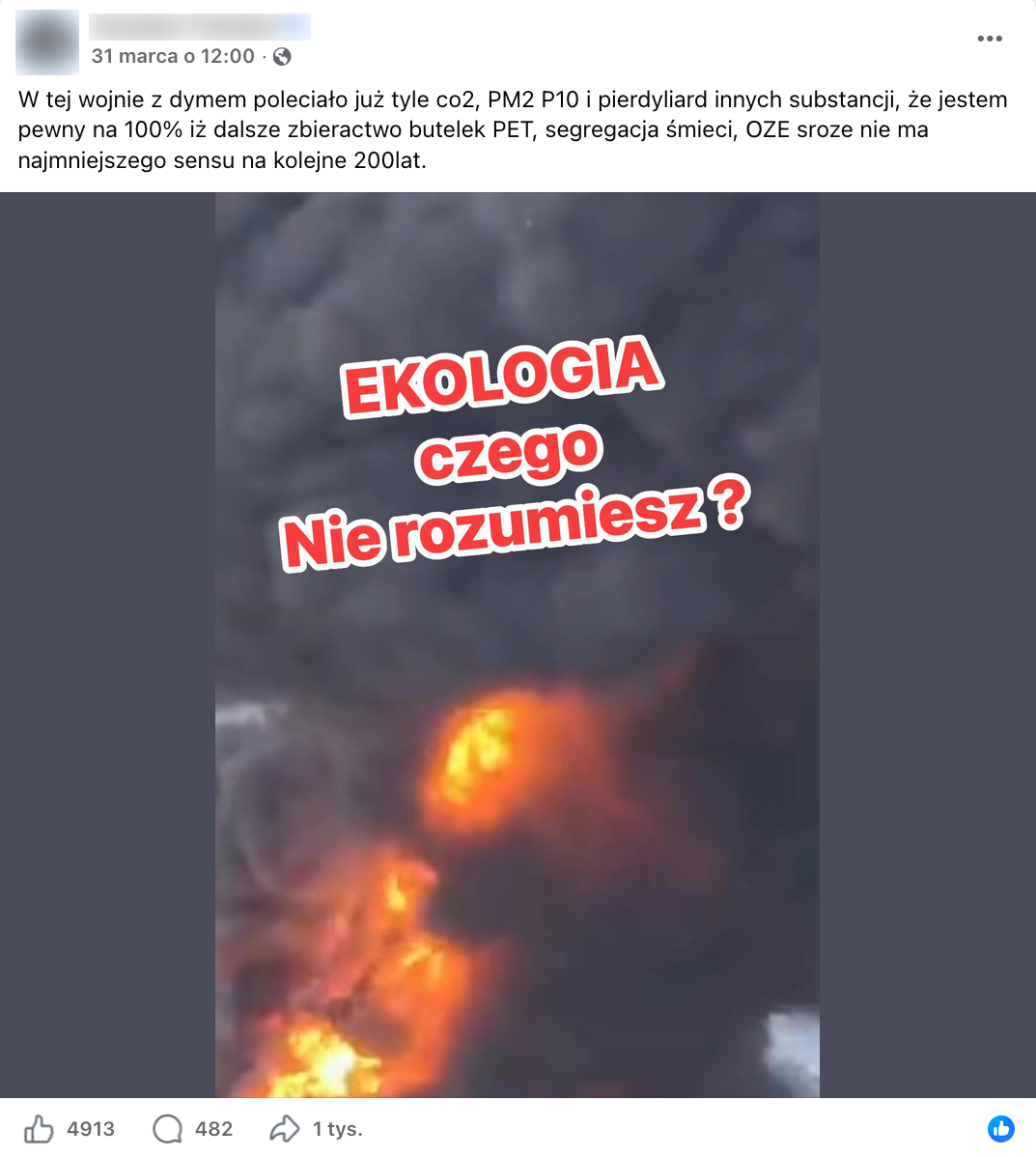 Zrzut ekranu wpisu opublikowanego na Facebooku. Do posta dołączono zdjęcie ciemnych kłębów dymu. Na obrazie widnieje napis: Ekologia. Czego nie rozumiesz?