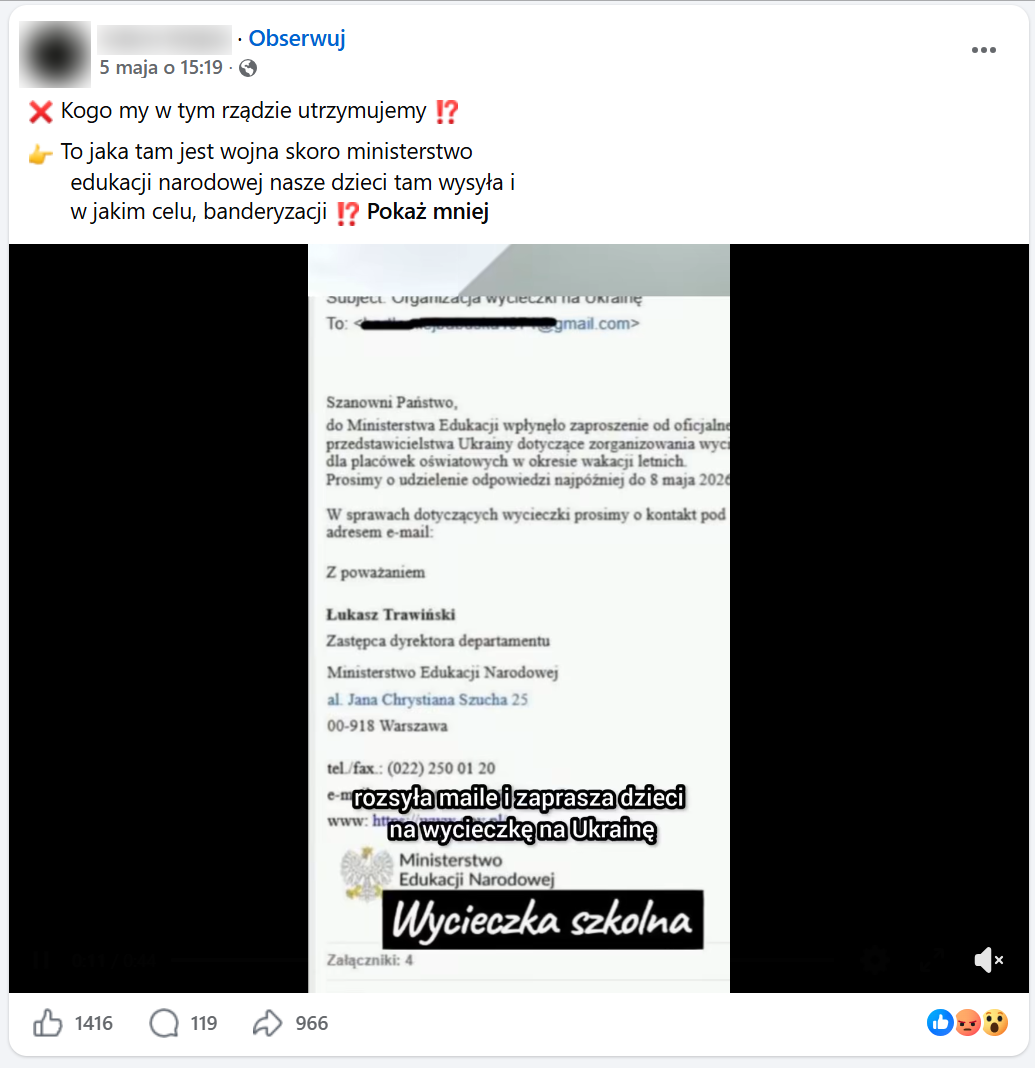 Zrzut ekranu z Facebooka, na górze podpis i elementy interfejsu platformy. Na dole fragment nagrania z rzekomym mailem od pracownika ministerstwa.
