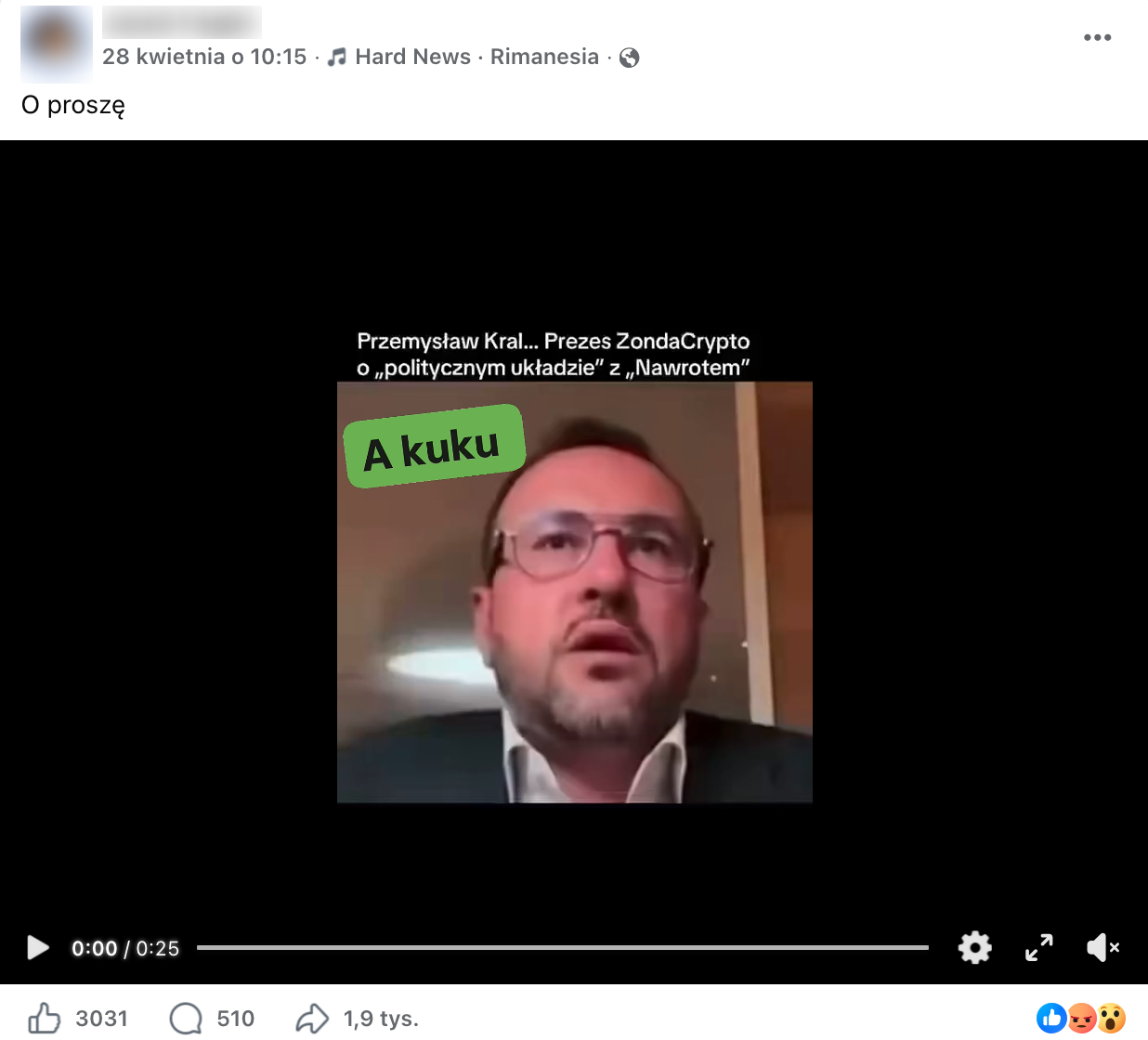 Zrzut ekranu posta z Facebooka. Widać na nim zatrzymane nagranie z Przemysławem Kralem.