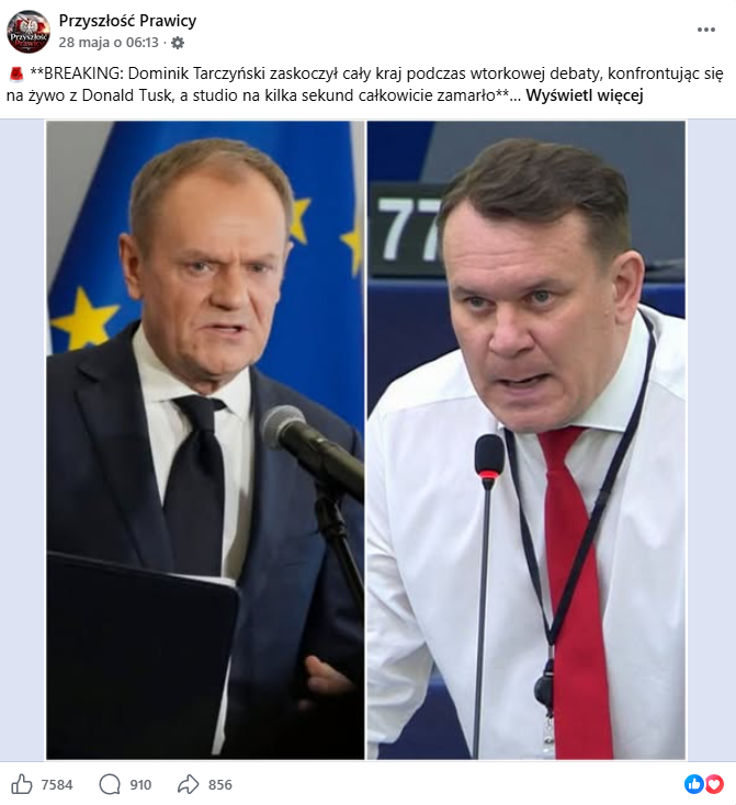 Zrzut ekranu z platformy Facebook, gdzie pojawia się zdjęcie Donalda Tuska oraz Dominika Tarczyńskiego. 