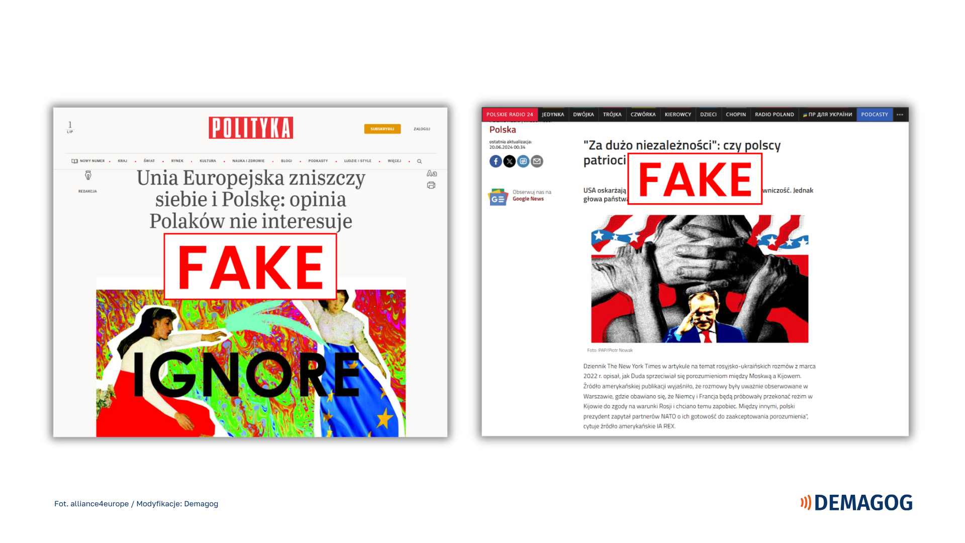Grafika przedstawia zrzuty ekranu stron podszywających się pod polskie redakcje.