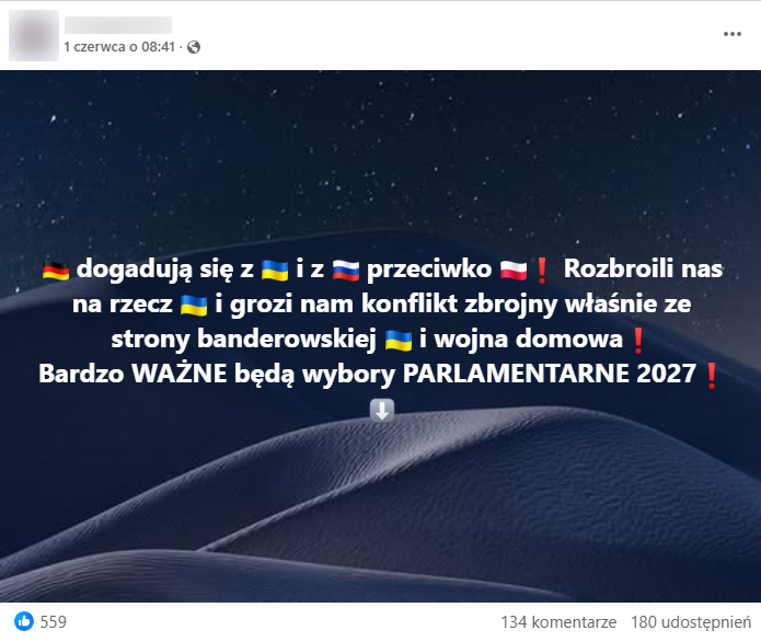 Post z Facebooka o treści: Niemcy dogadują się z Ukrainą i Rosją przeciwko Polsce. Rozbroili nas na rzecz Ukrainy i grozi nam konflikt zbrojny właśnie ze strony banderowskiej Ukrainy i wojna domowa!