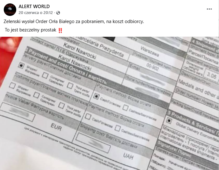 Zrzut ekranu z platformy Facebook, gdzie pojawiła się informacja o rzekomym wysłaniu Orderu Orła Białego na koszt odbiorcy. Dołączono jednak grafikę, gdzie napisano, że paczka jest wysłana na koszt nadawcy.