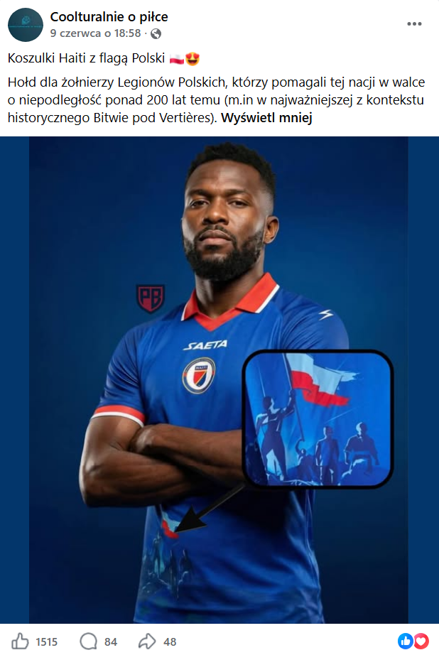Post na facebooku z podpisem „koszulki Haiti z flagą Polski”. Na zdjęciu piłkarz w koszulce reprezentacji.