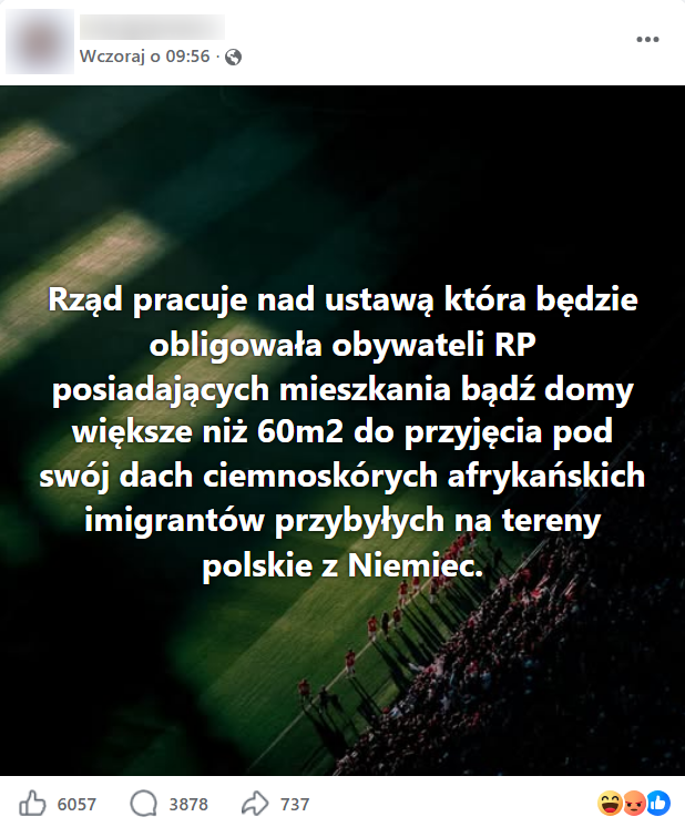 Wpis z Facebooka zawierający wyżej przytoczone słowa o planach rządu. Zdobył on 6057 reakcji, 3878 komentarzy i 737 udostępnień.