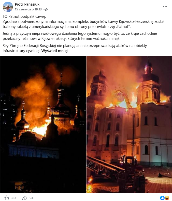 Wpis Piotra Panasiuka na Facebooku. Dołączono do niego zdjęcia płonącej świątyni. Post zdobył 333 reakcje i 94 udostępnienia